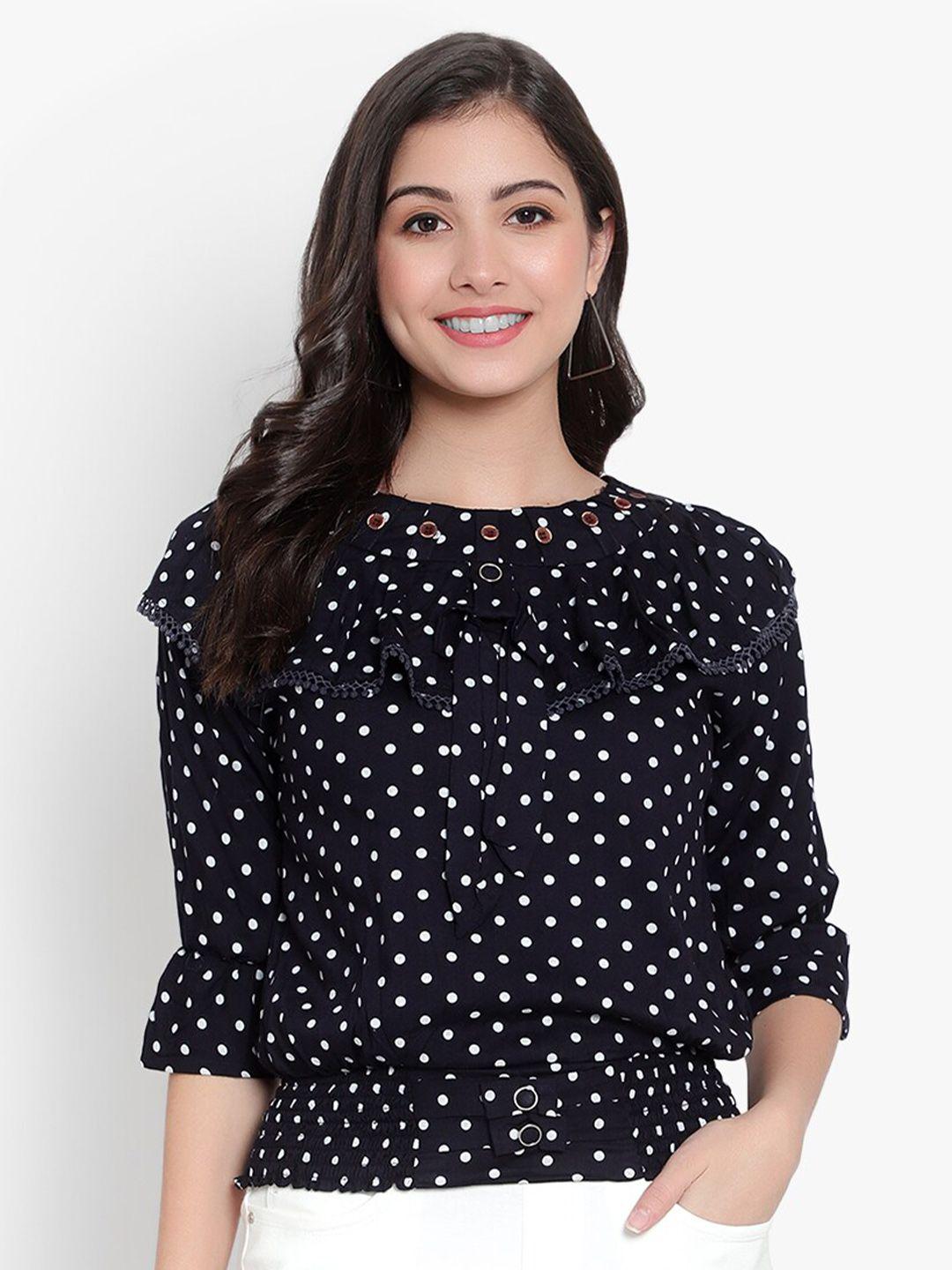 sky heights polka dot printed ruffles georgette blouson top