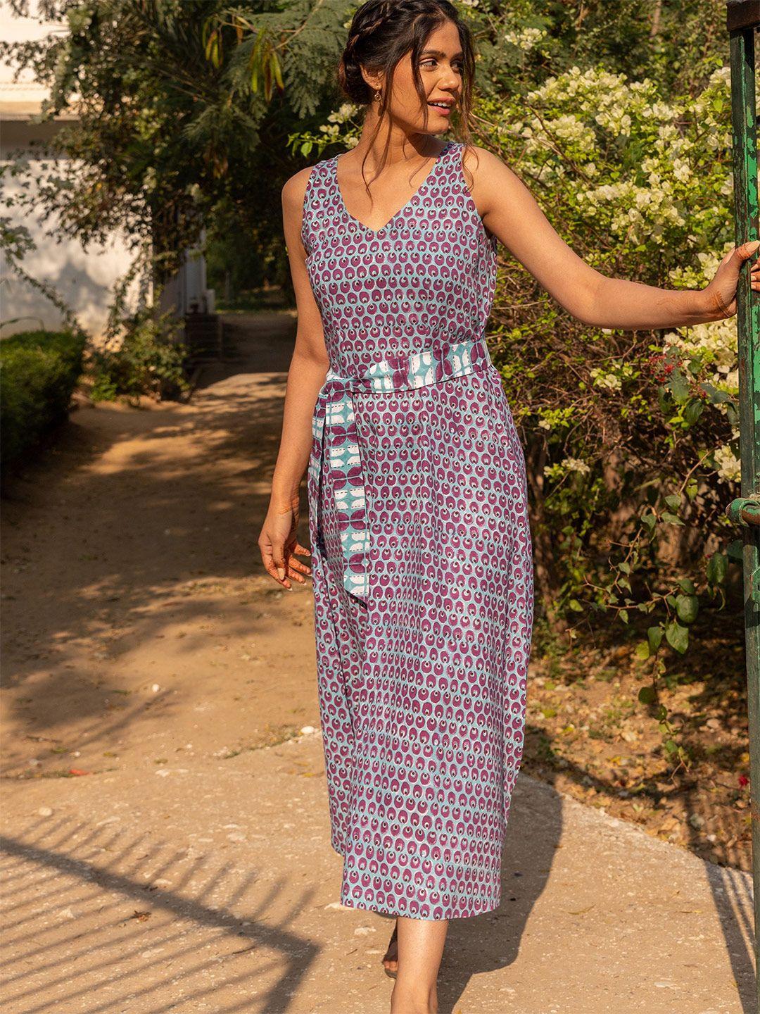 myaara blue cotton ethnic midi dress