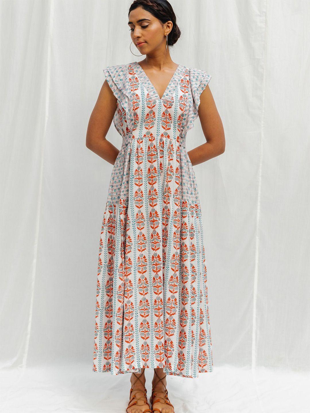 myaara white cotton ethnic motifs maxi dress