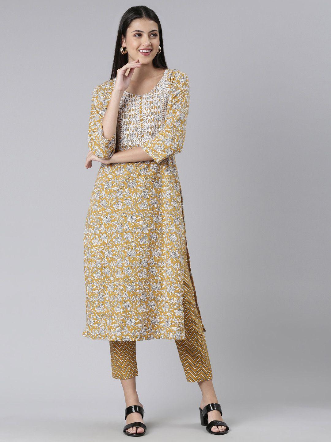 flavido ethnic motifs embroidered pure cotton kurta with trousers