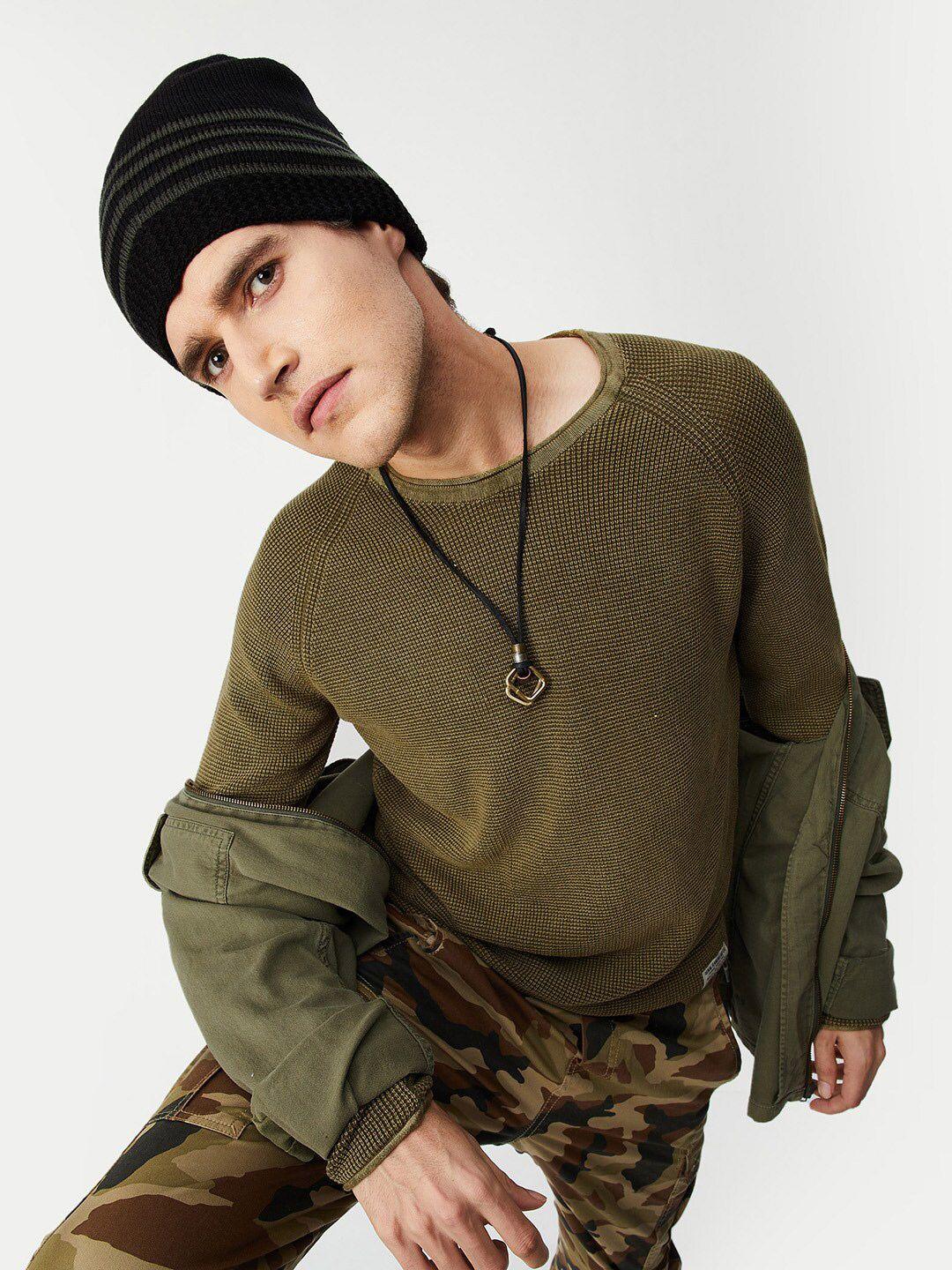 max men green cable knit pure cotton pullover