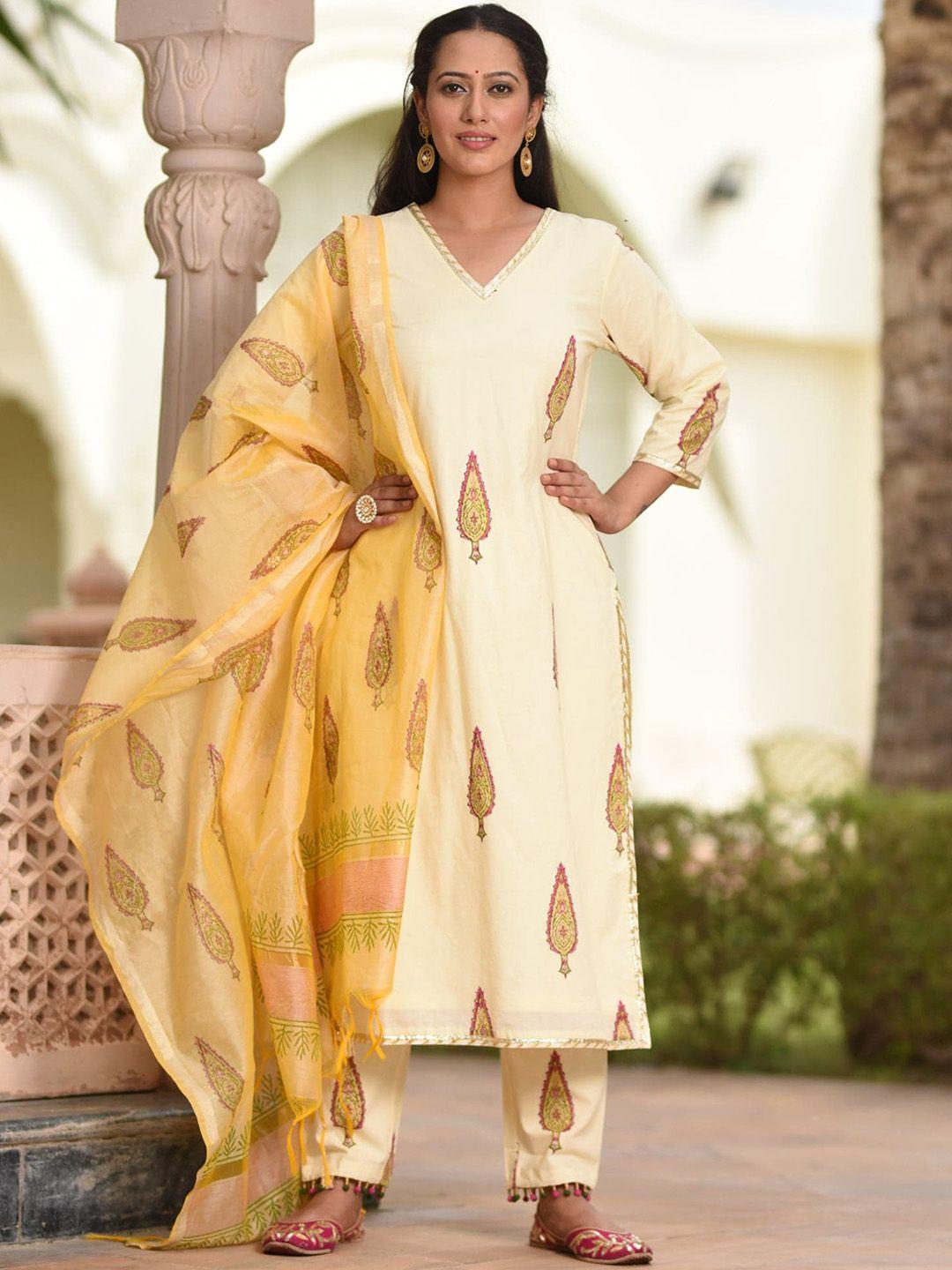 bunaai women beige printed pure cotton kurta with trousers & with dupatta