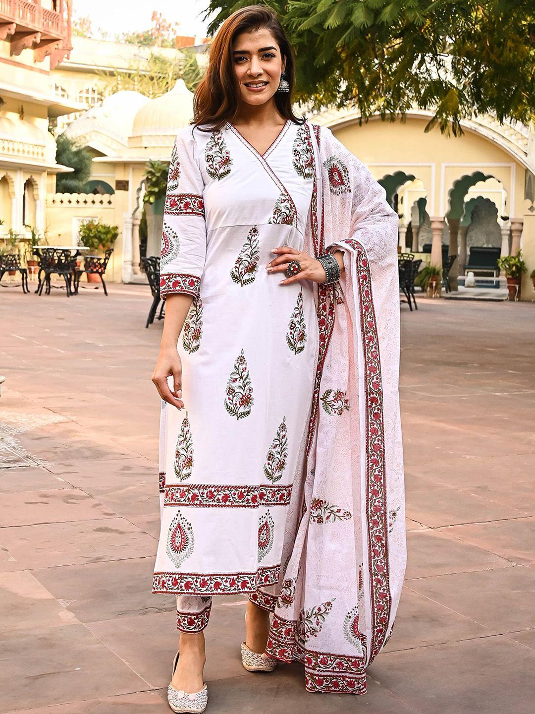 bunaai floral printed angrakha pure cotton kurta with palazzos & dupatta