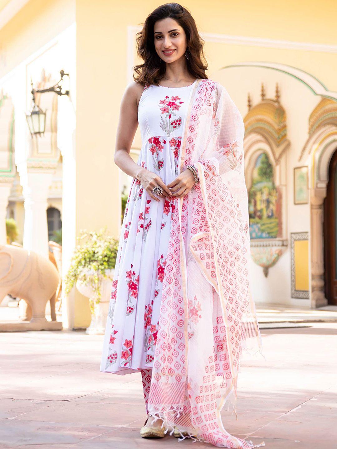 bunaai floral printed pleated pure cotton kurta with palazzos & dupatta