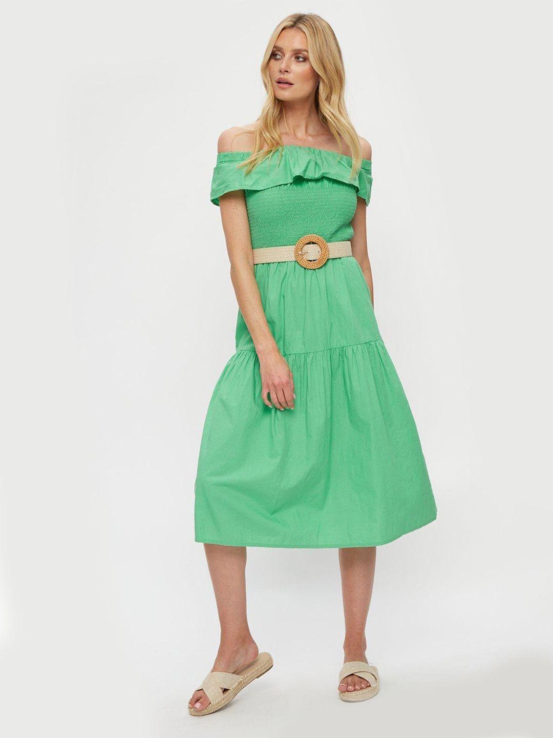 dorothy perkins off-shoulder smocked a-line midi dress