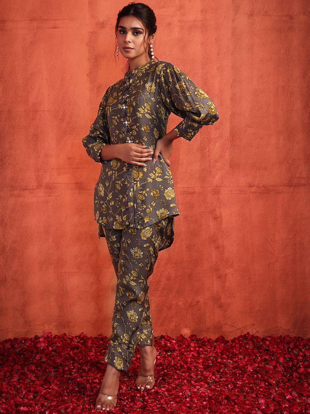 indya  floral embroidered kurti with trousers & with dupatta