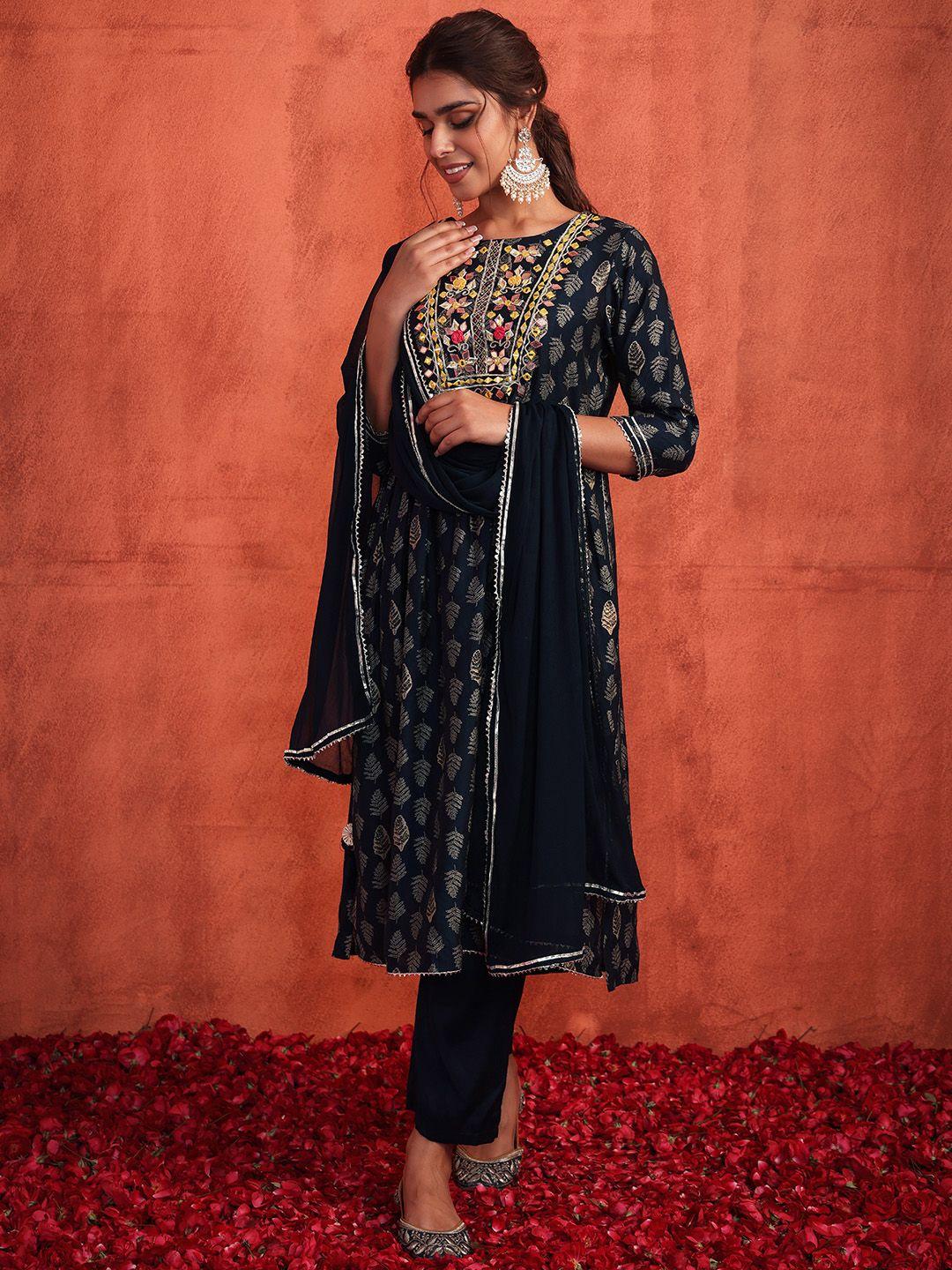 indya  ethnic motifs printed panelled thread work kurti with trousers & with dupatta