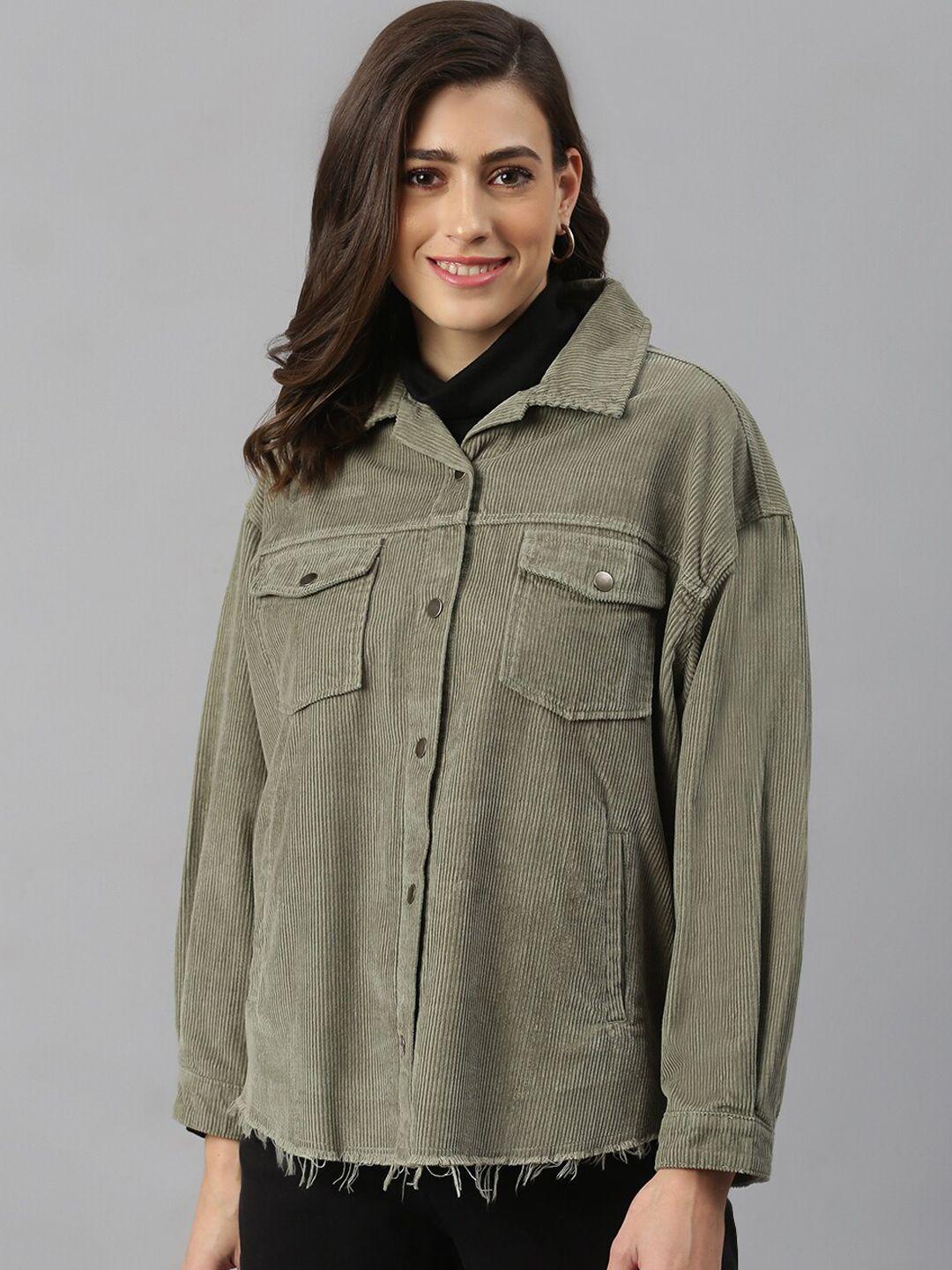 xpose women olive green corduroy longline denim jacket