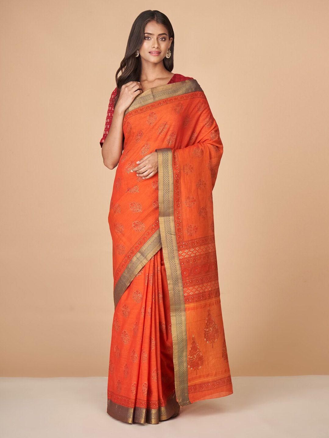 fabindia floral zari pure cotton block print saree