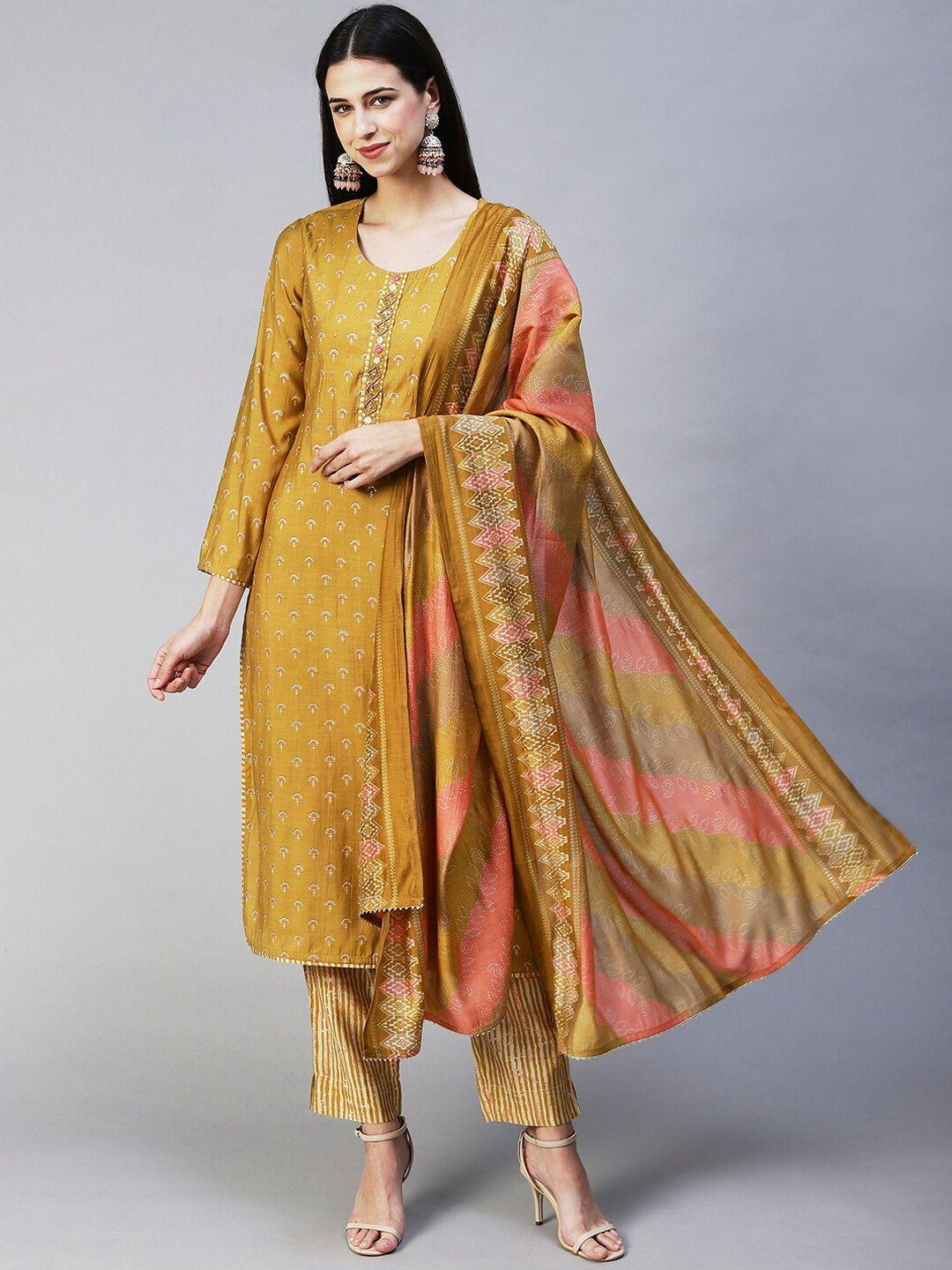 fashor ethnic motifs printed beads and stones kurta with trousers & with dupatta