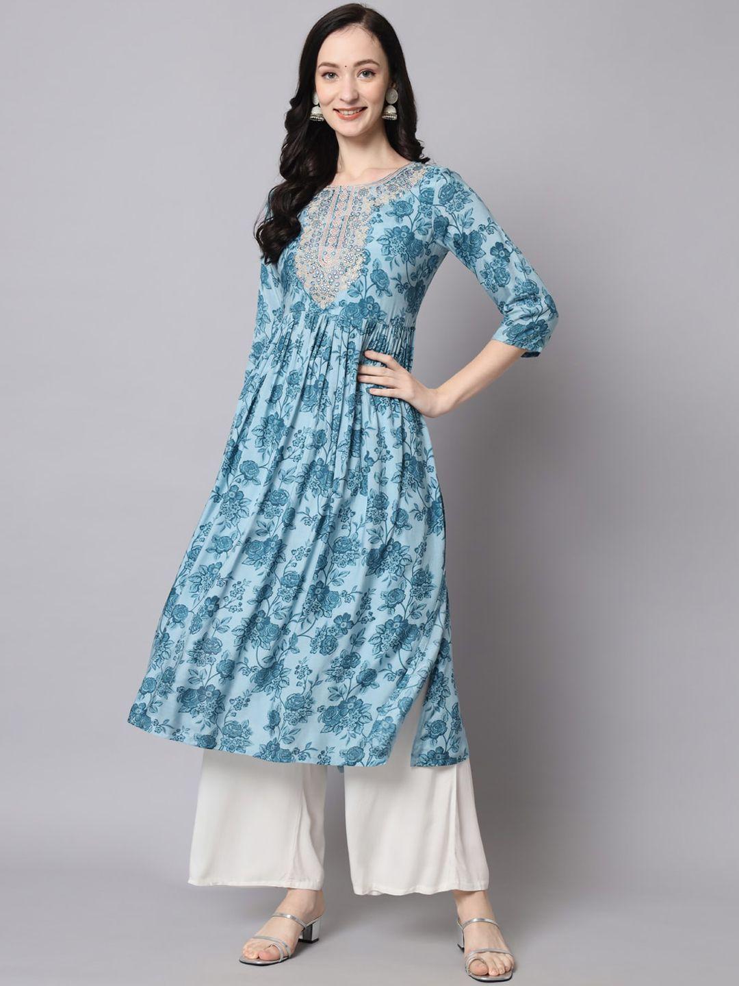 kalini women blue printed floral anarkali kurta