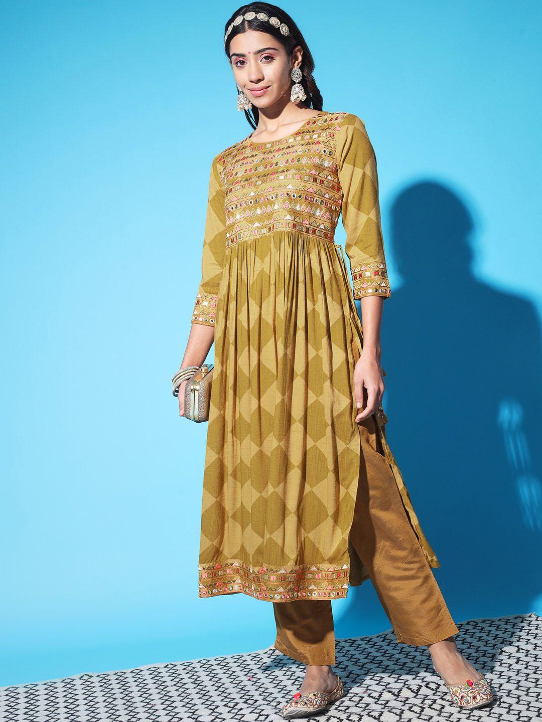 kalini geometric printed mirror work kurta