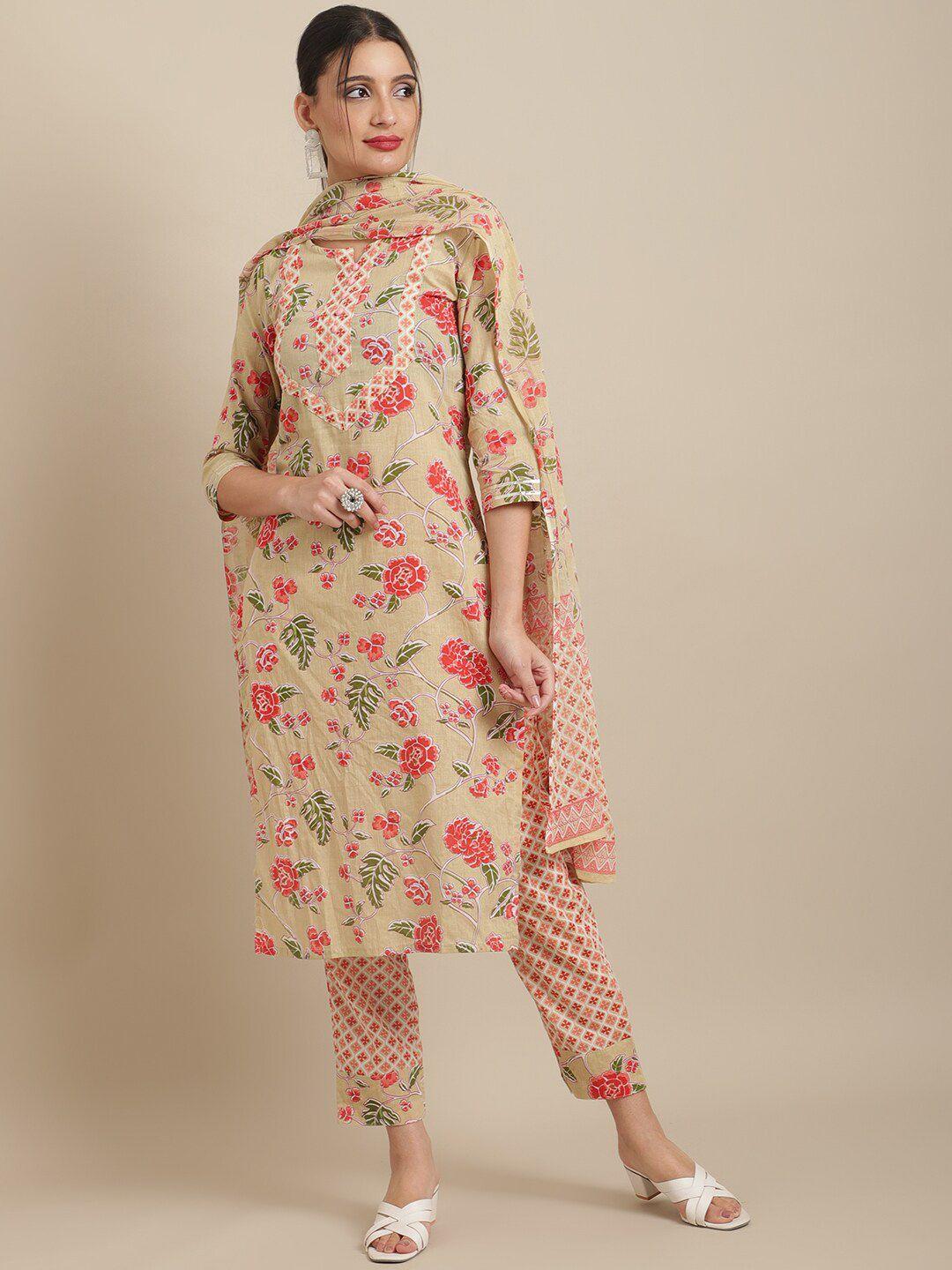 sangria women printed pure cotton kurta with trousers & with dupatta