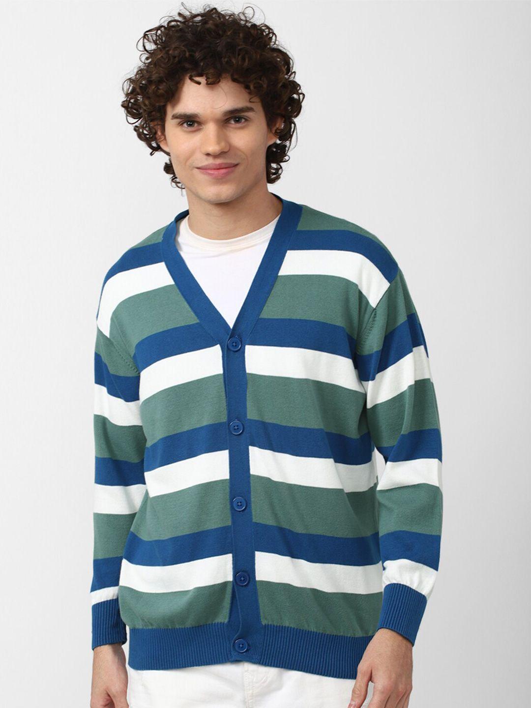 forever 21 men green & white striped striped cardigan