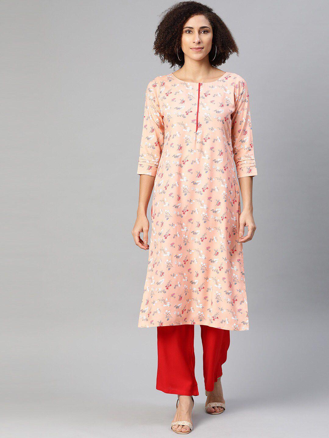 ives women peach-coloured floral printed kurta with palazzos