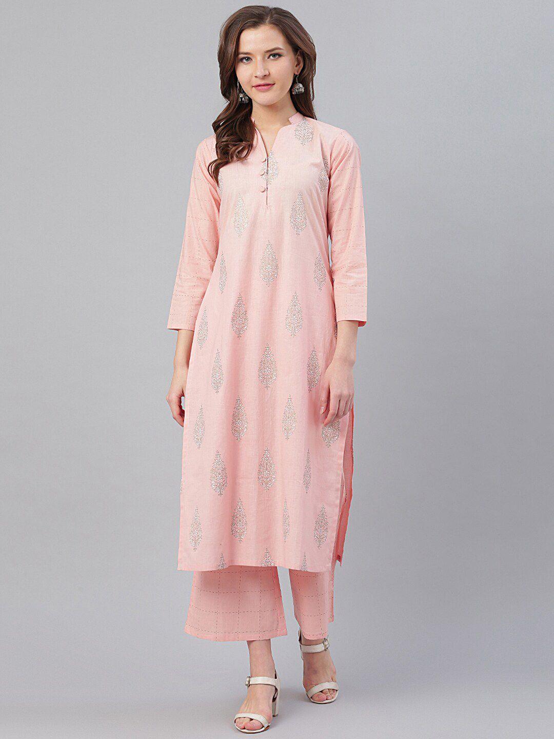 ives women pink ethnic motifs printed pure cotton kurta with palazzos