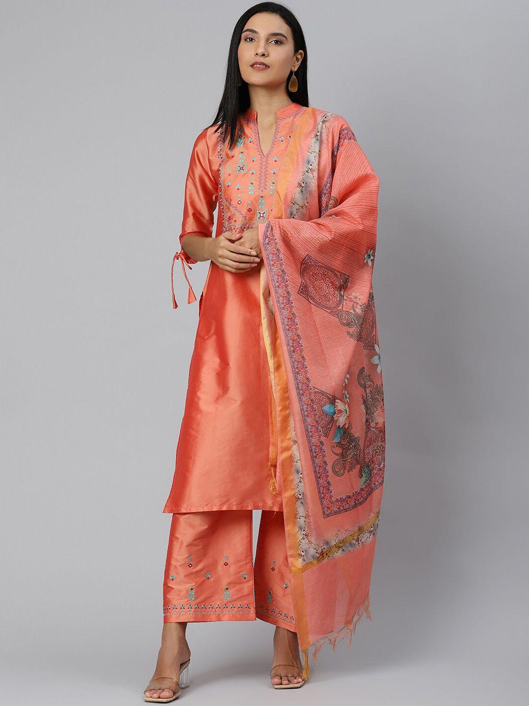 ives women orange ethnic motifs kurta with palazzos & dupatta