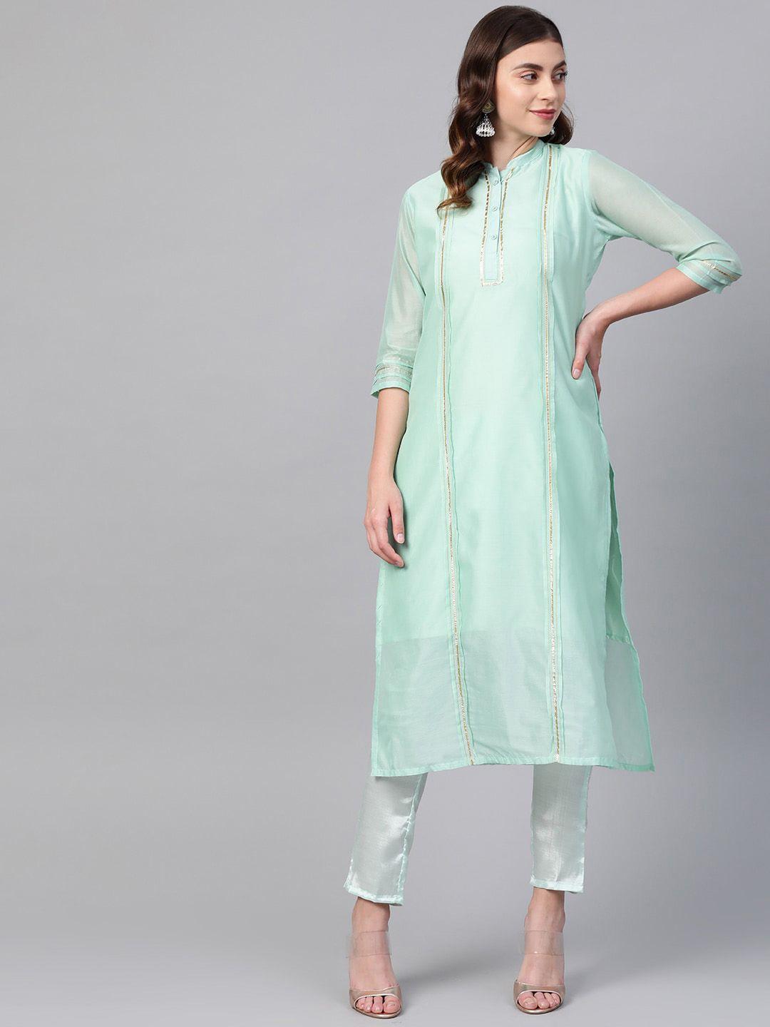 ives women sea green kurta with trousers