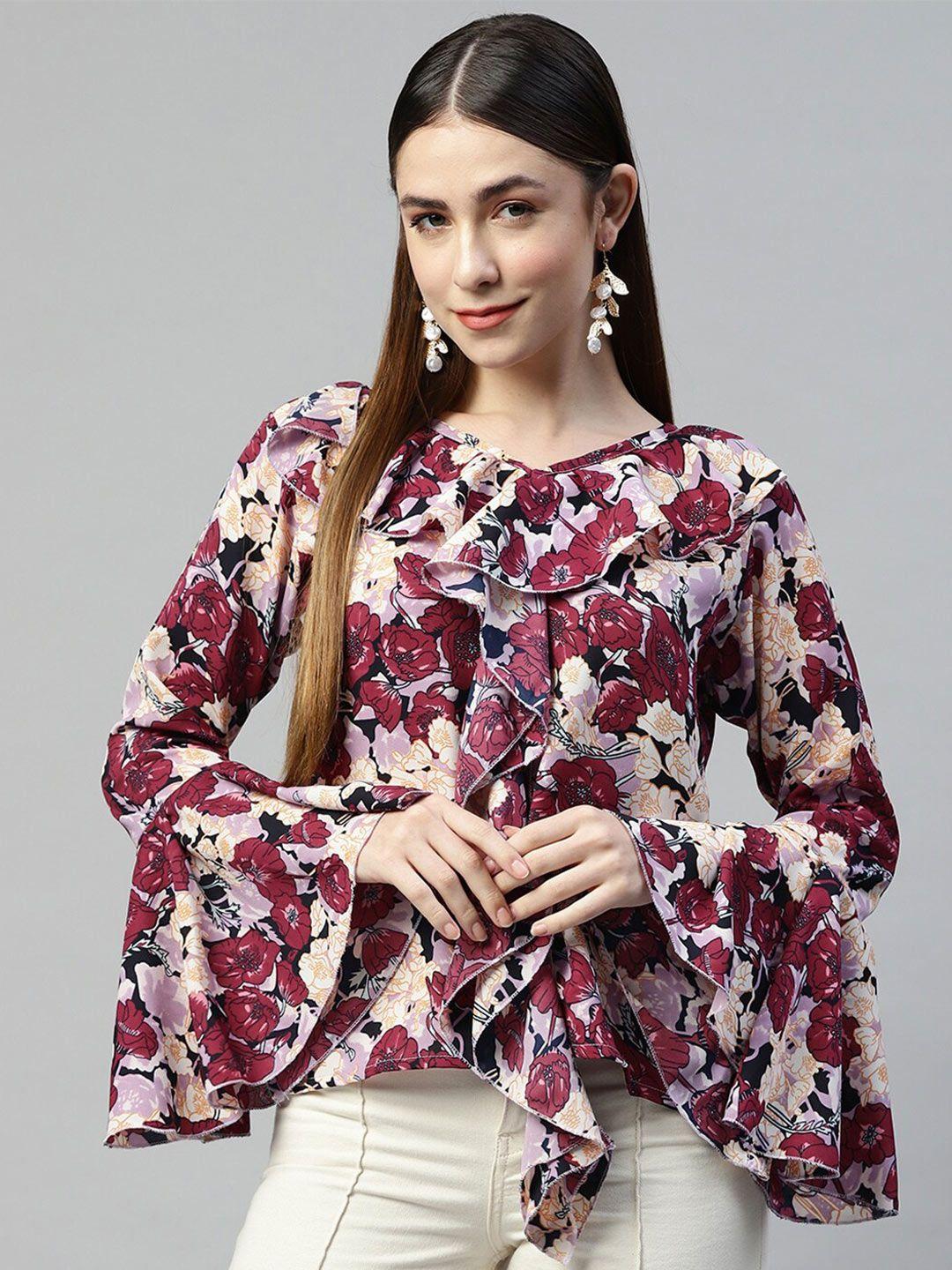 ives floral print tie-up neck ruffles crepe top