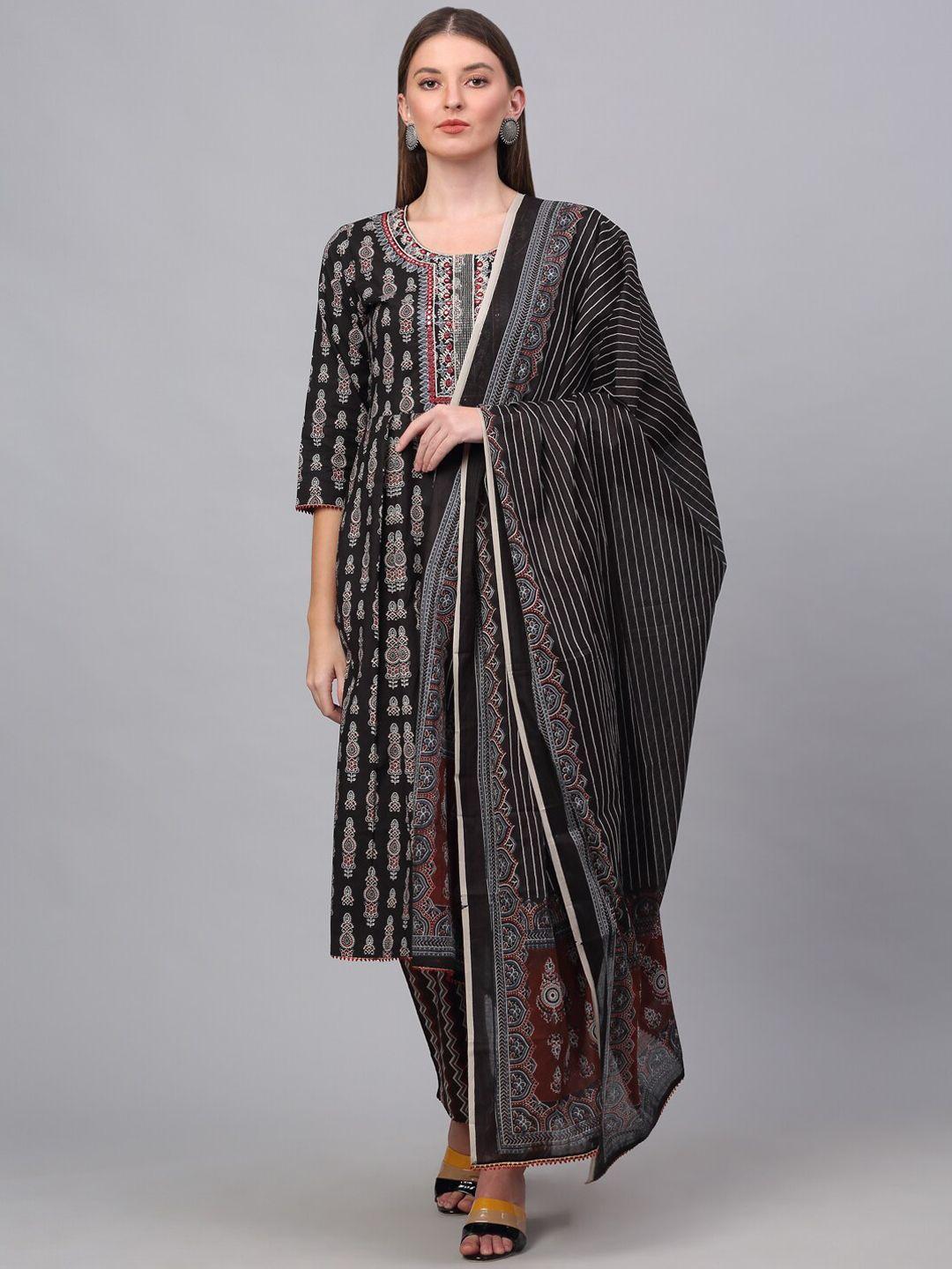 kalini women black floral printed mirror work pure cotton kurta with palazzos & with dupatta