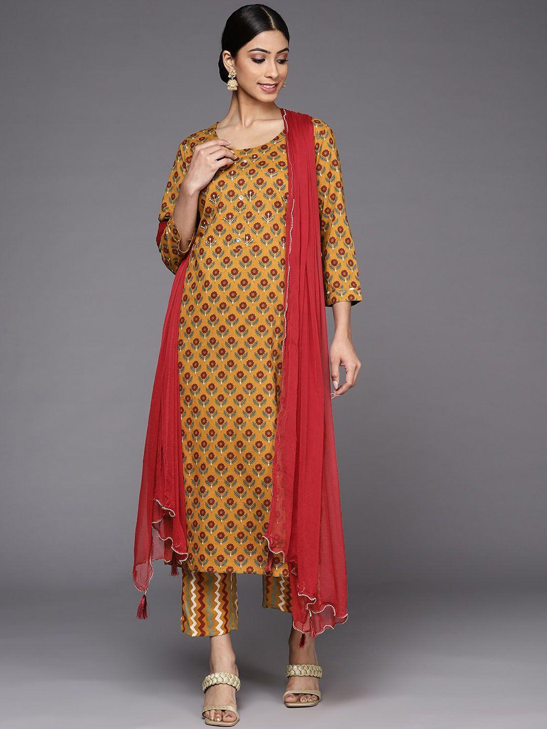 ksut floral printed pure cotton kurta with trousers & dupatta