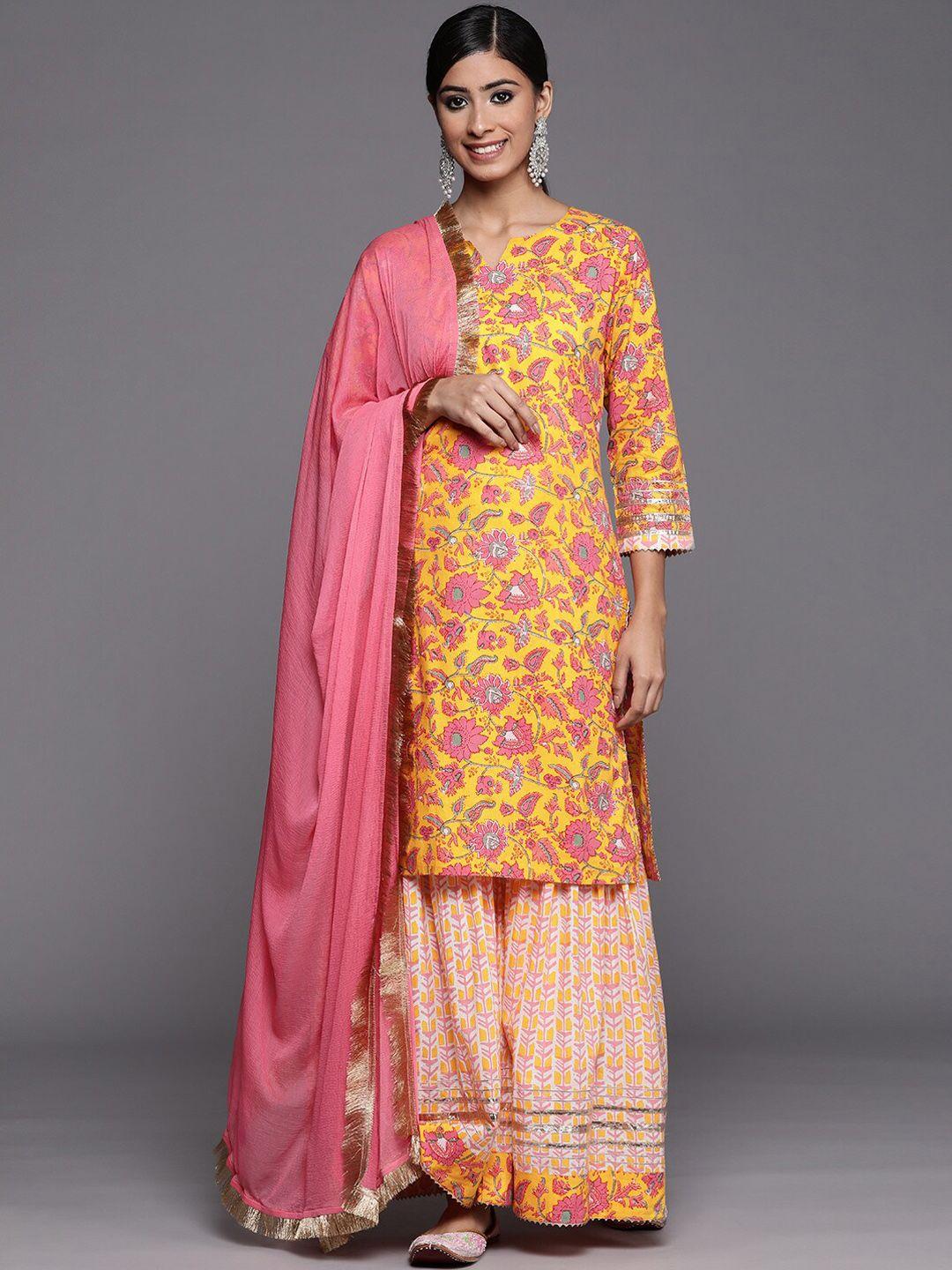 ksut floral printed round neck pure cotton kurta with sharara & dupatta