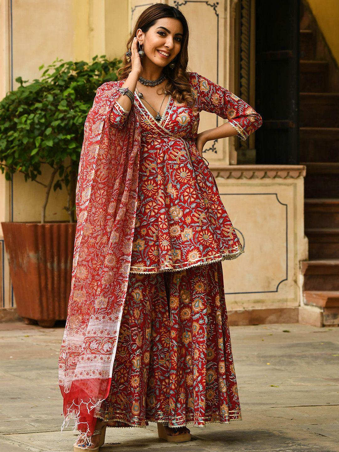 bunaai women red printed pure cotton kurta with sharara & with dupatta