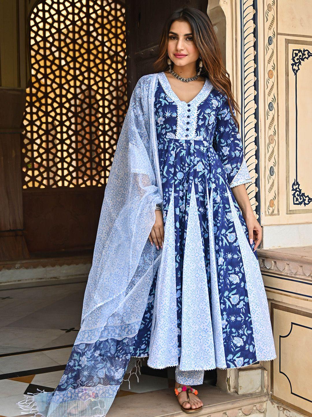 bunaai floral printed pleated pure cotton kurta with trousers & dupatta