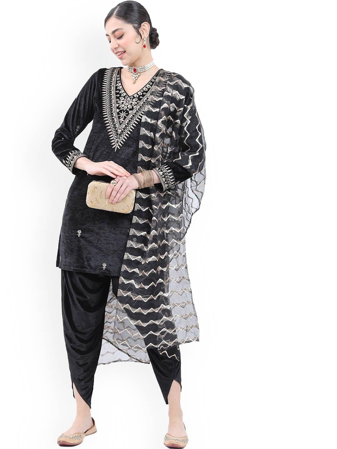 ketch women floral embroidered velvet kurta with dhoti pants & with dupatta