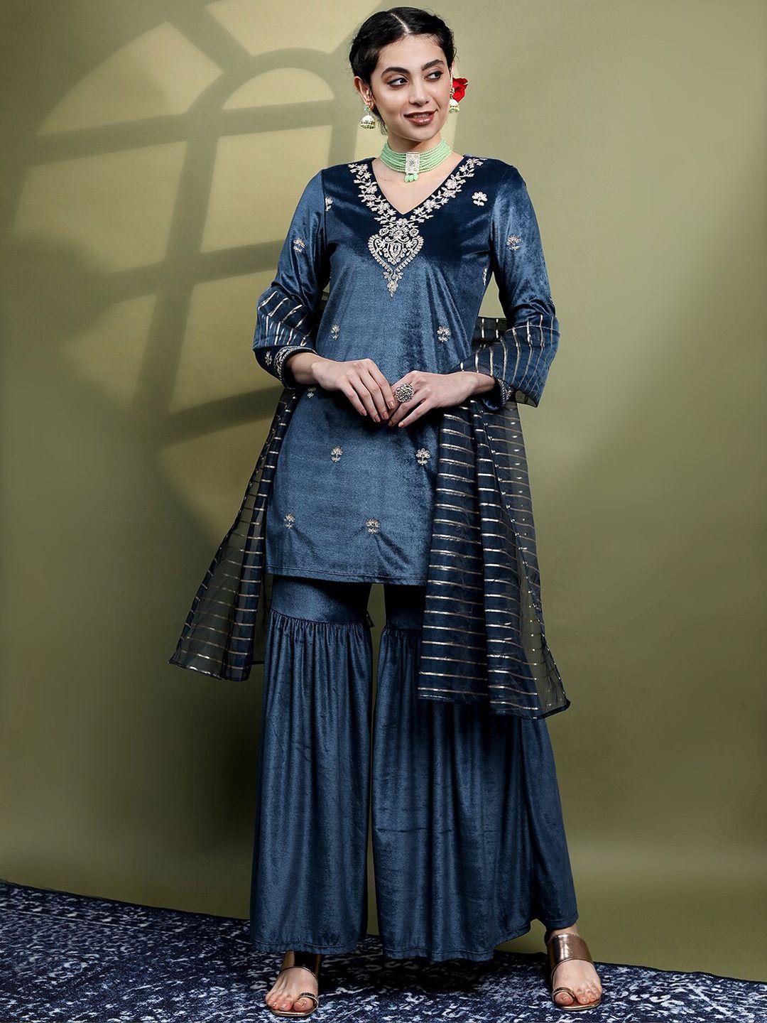 vishudh women embroidered knitted velvet kurta with sharara & with dupatta