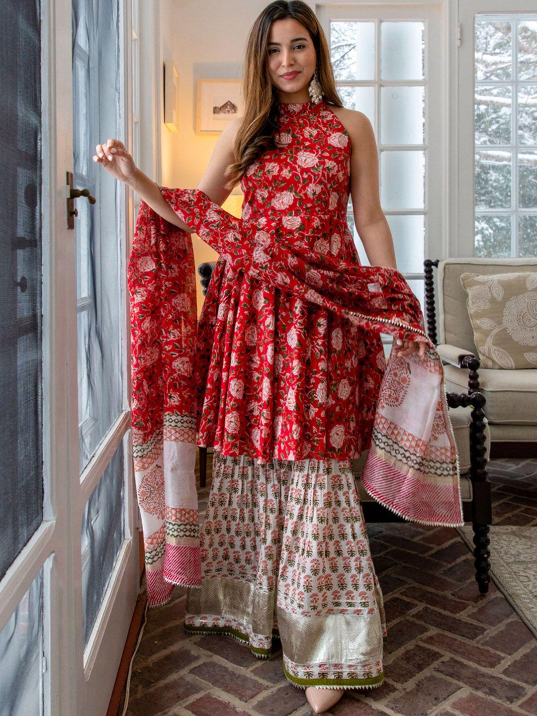 aachho women floral printed pure cotton kurta with sharara & dupatta