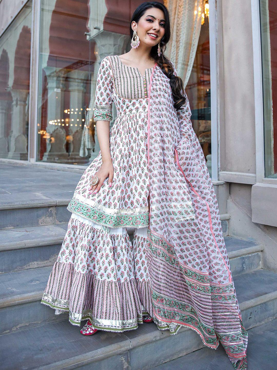 aachho women peach anarkali handblock gota sharara set