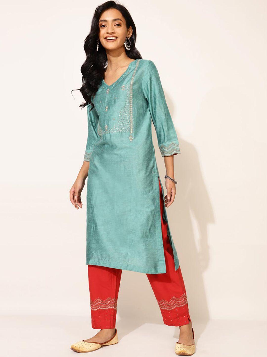 fabindia women ethnic motifs embroidered kurta with trousers & with dupatta