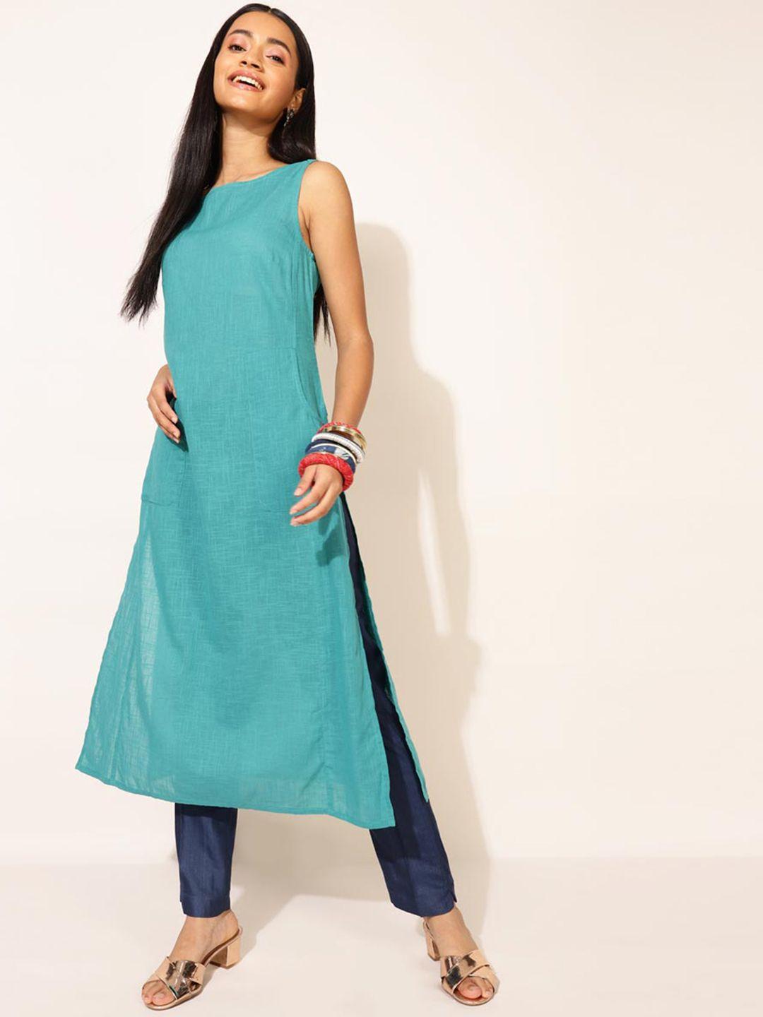 fabindia women turquoise blue thread work kurta