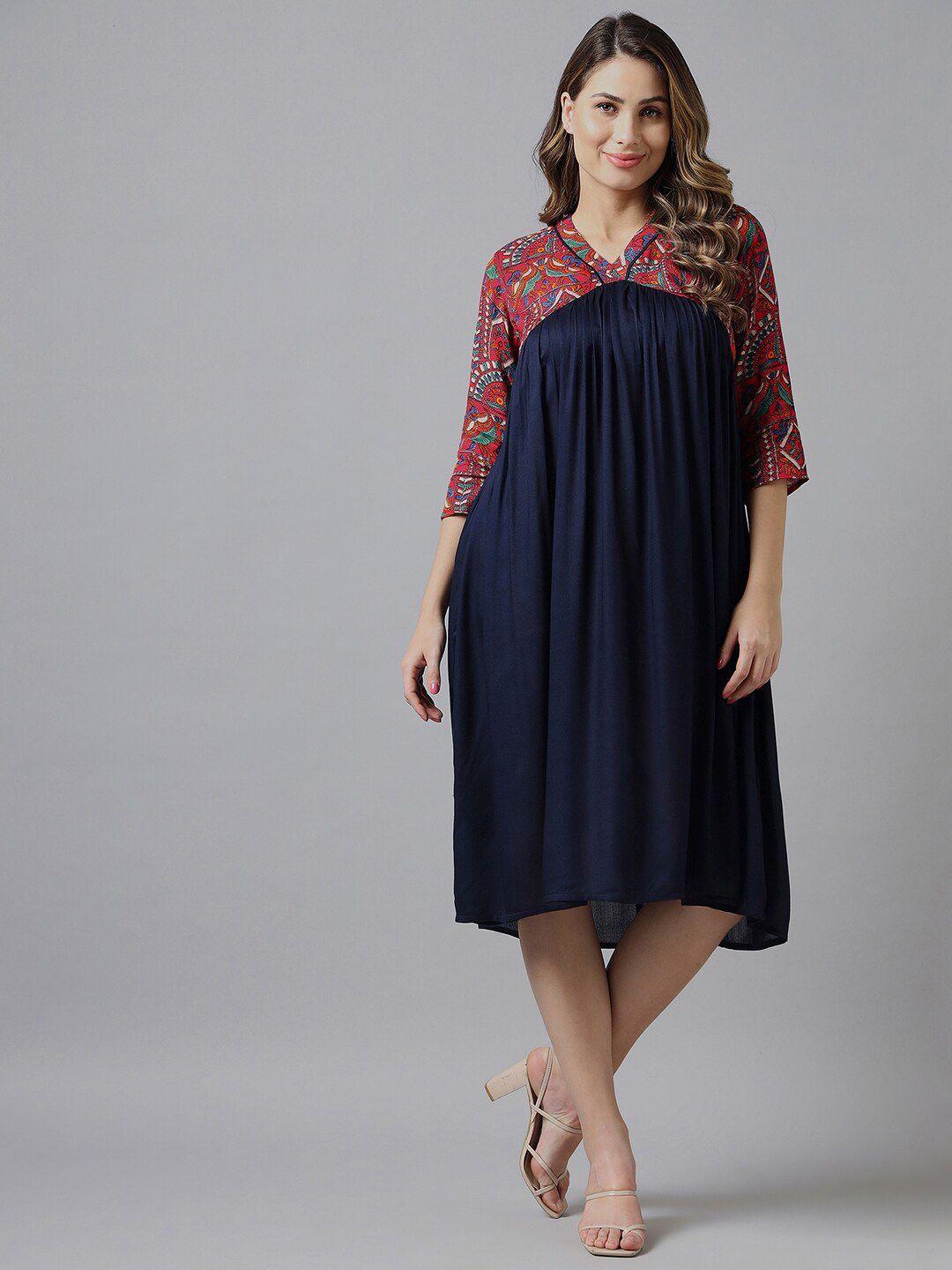 azira navy blue ethnic a-line midi dress