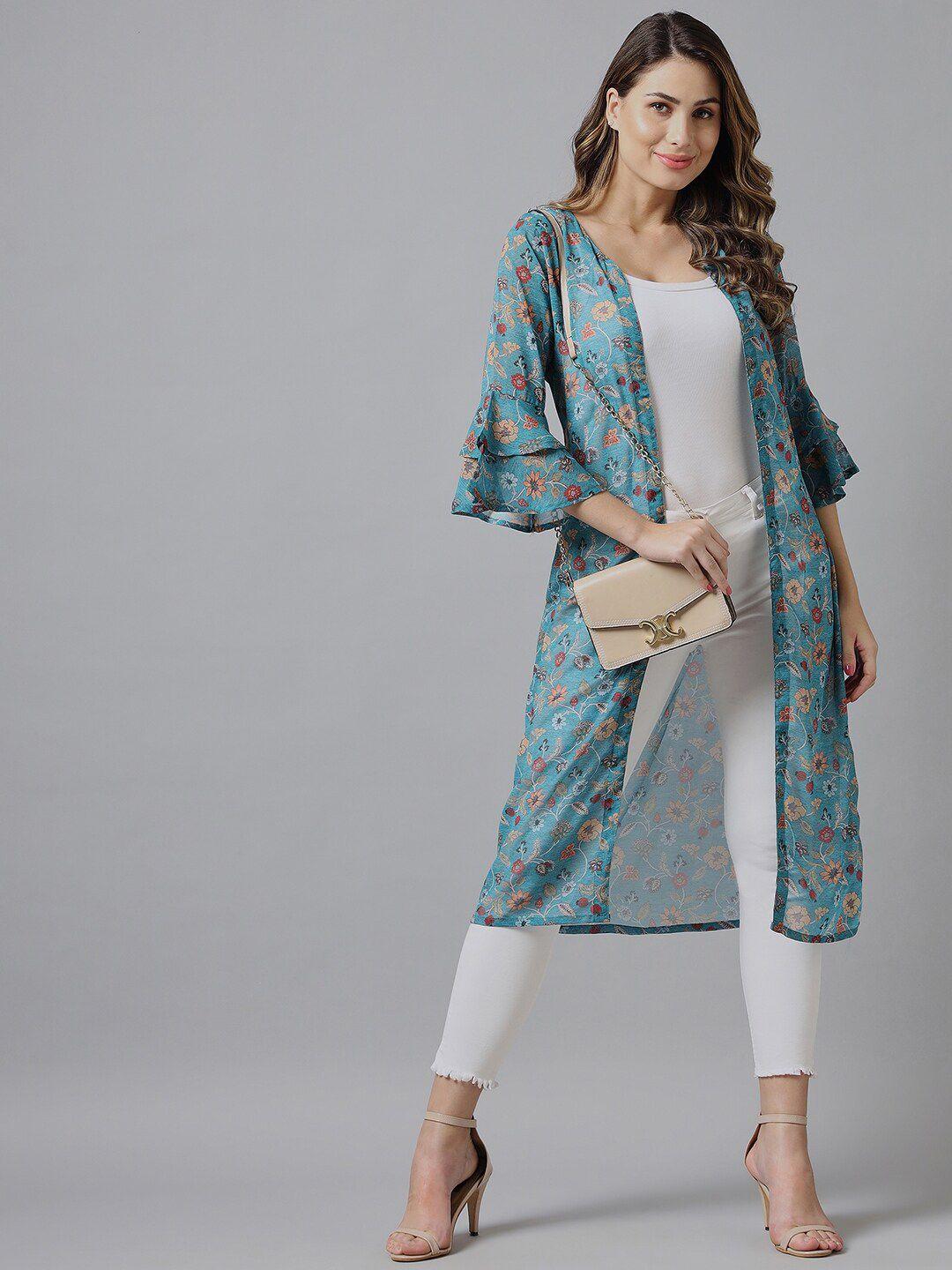 azira women blue & brown printed longline shrug