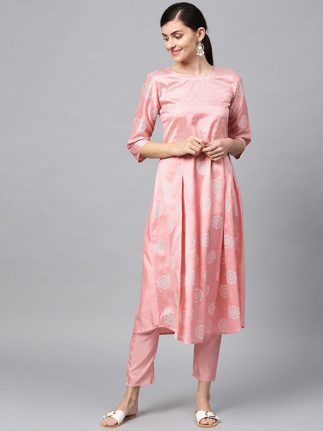 ziyaa printed art silk a-line kurta with trousers