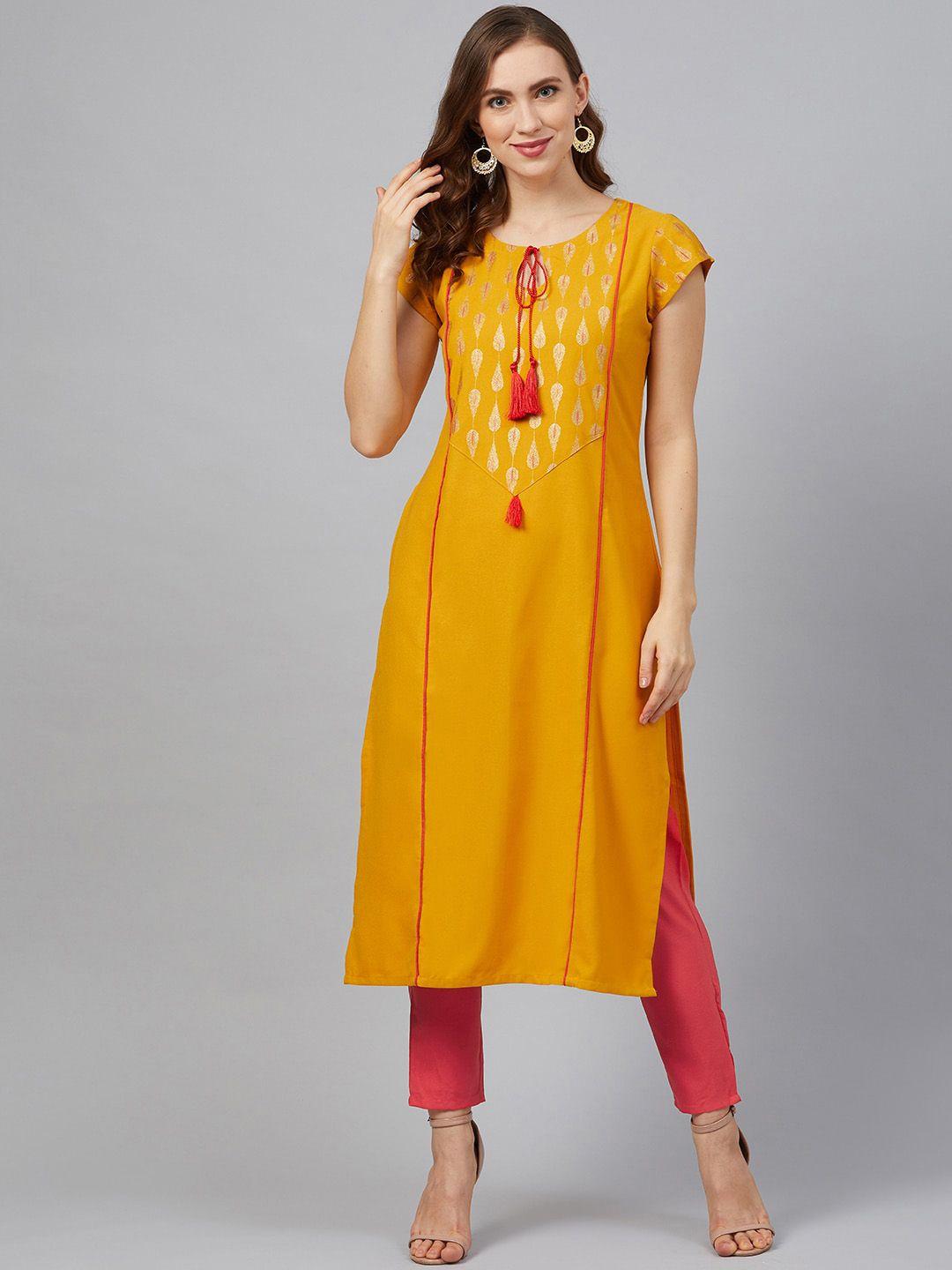 ziyaa ethnic motifs printed cap sleeve kurta with trousers