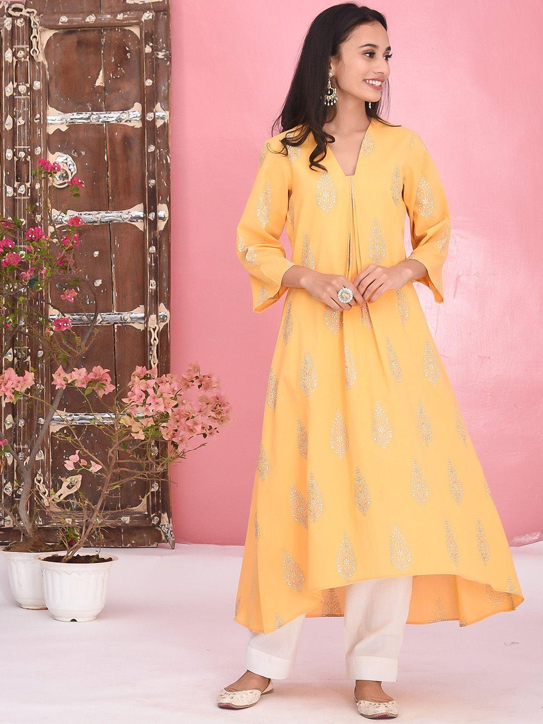 bunaai women yellow printed angrakha pure cotton kurta with palazzos