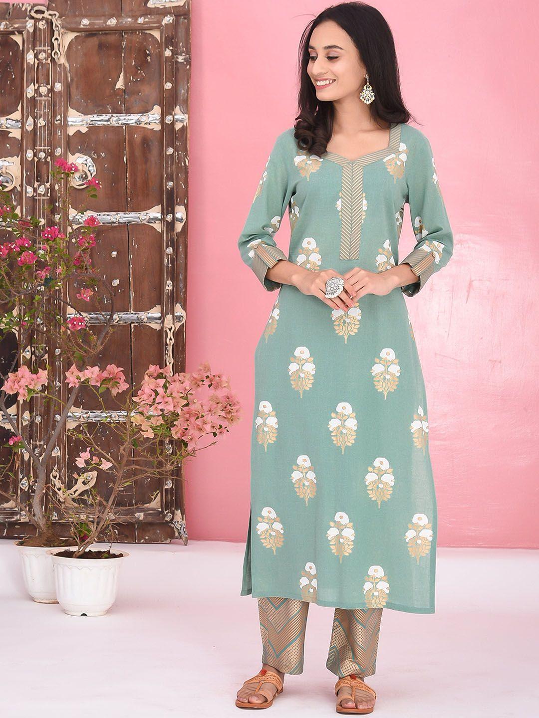 bunaai women green floral printed pure cotton kurta with palazzos