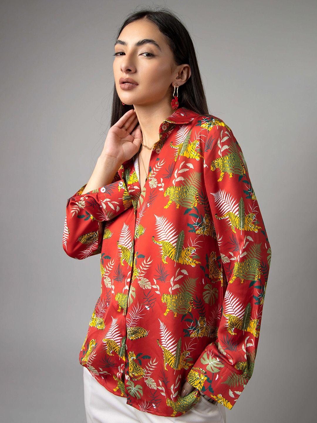 neofaa women red floral semi sheer printed casual shirt