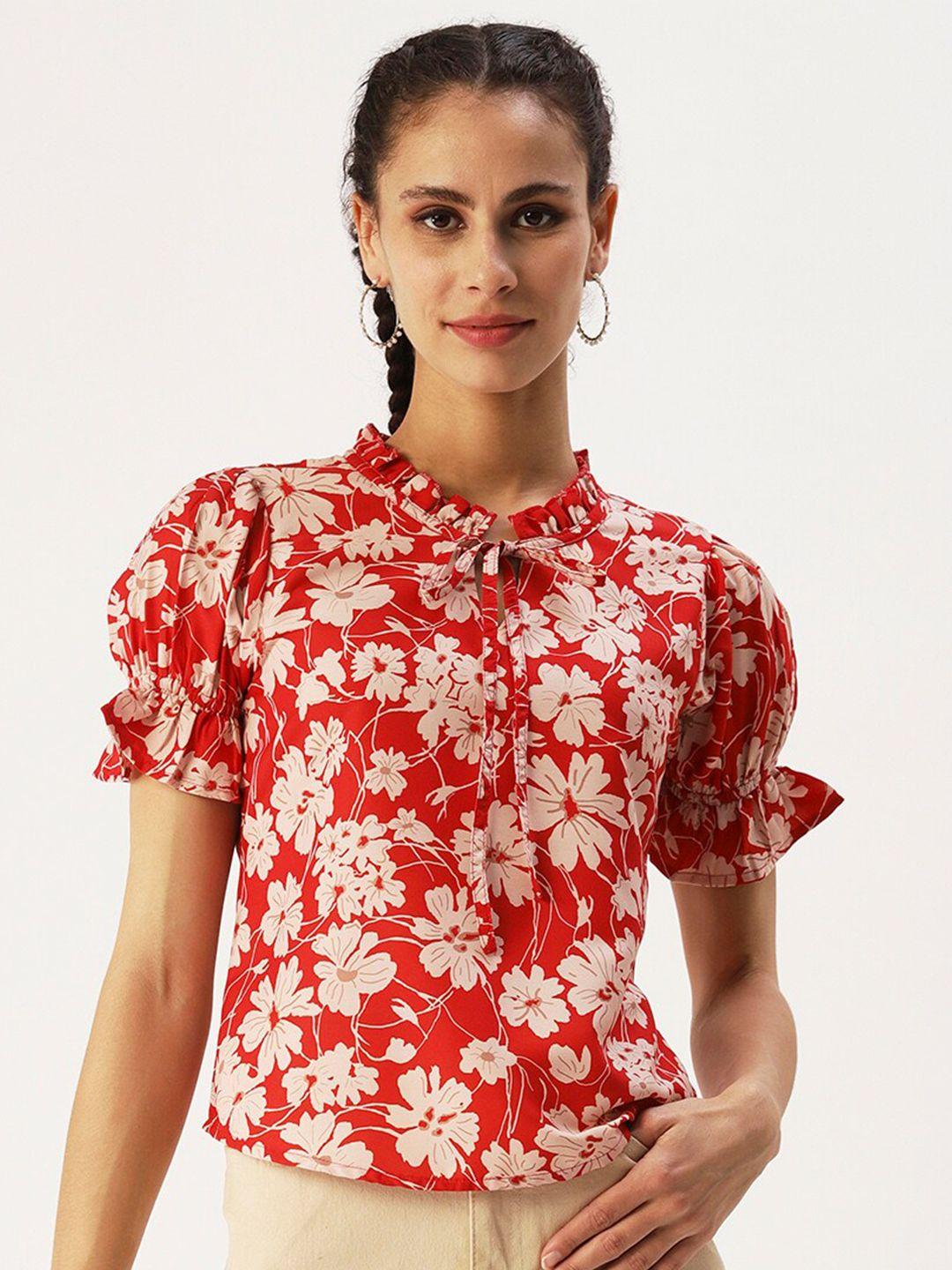 dressberry red floral print tie-up neck top