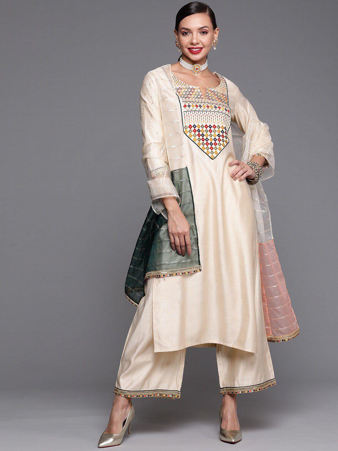 indo era women embroidered thread work cotton kurta with palazzos & dupatta