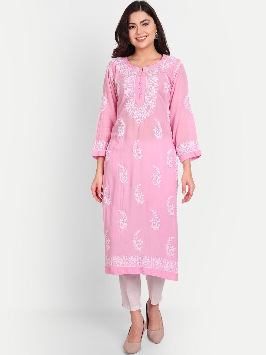 indiankala4u women pink ethnic motifs embroidered flared sleeves chikankari kurta