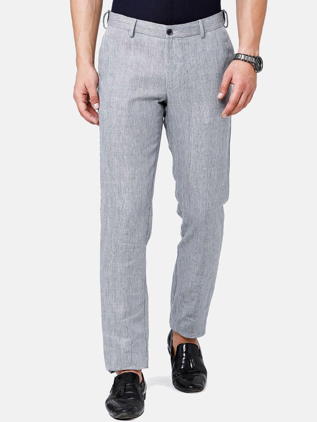 linen club men textured slim fit pure linen trousers