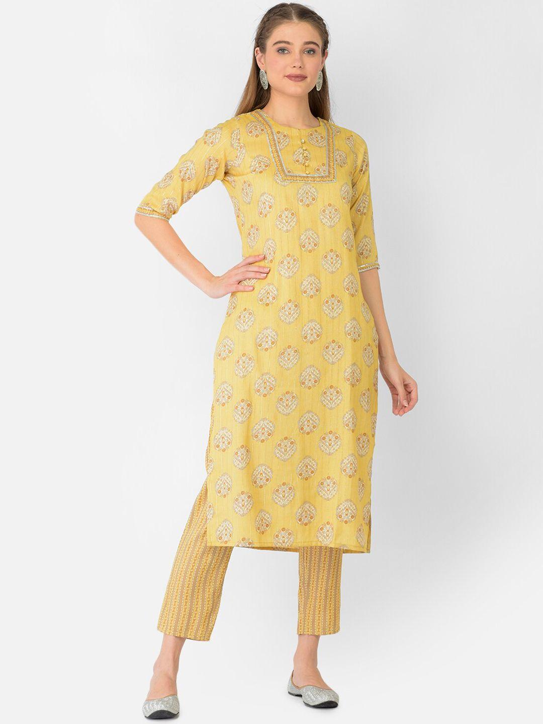 v tradition women yellow ethnic motifs printed kurta with trousers