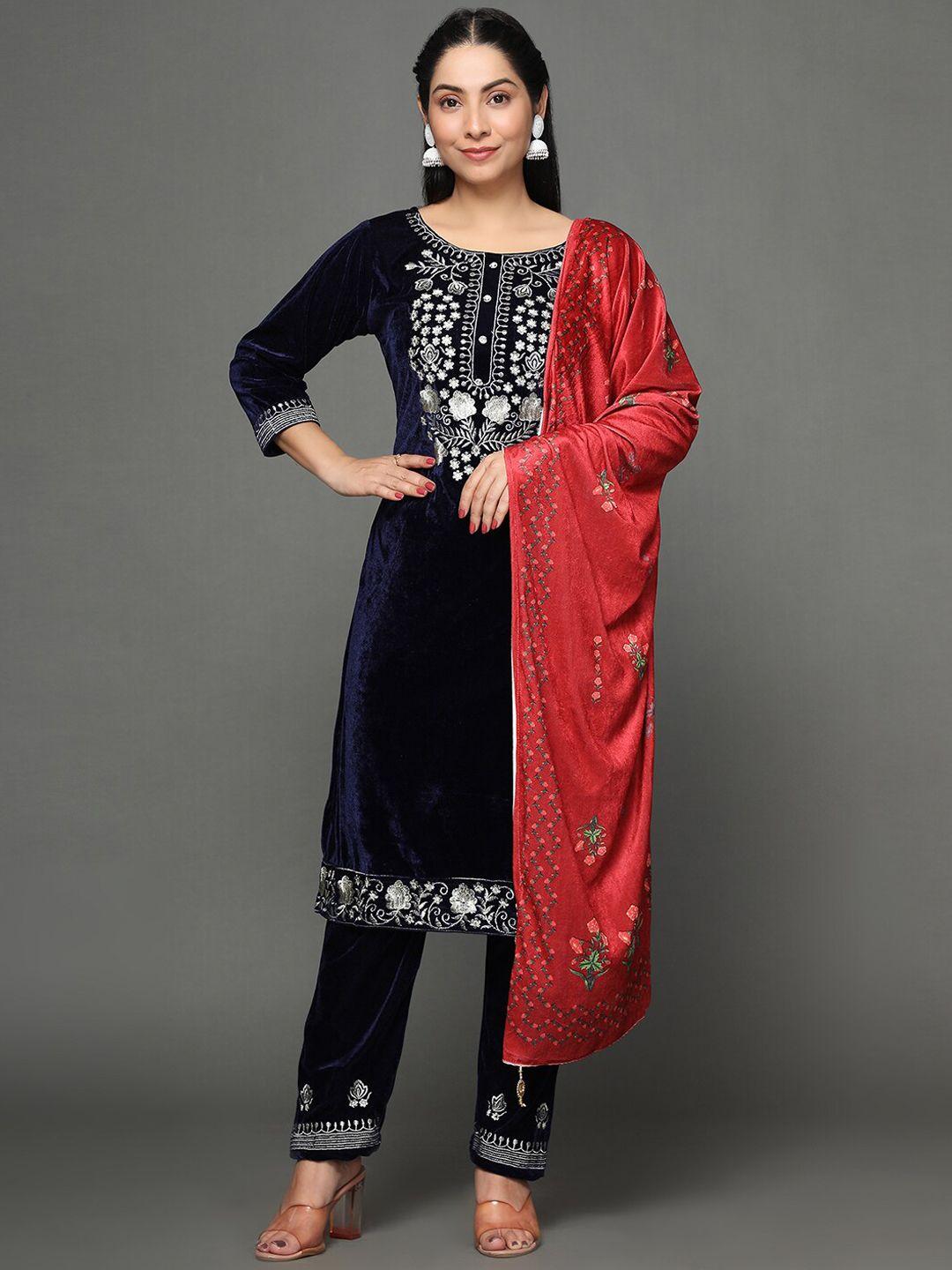 ziva fashion women embroidered thread work velvet kurta with trousers & with dupatta