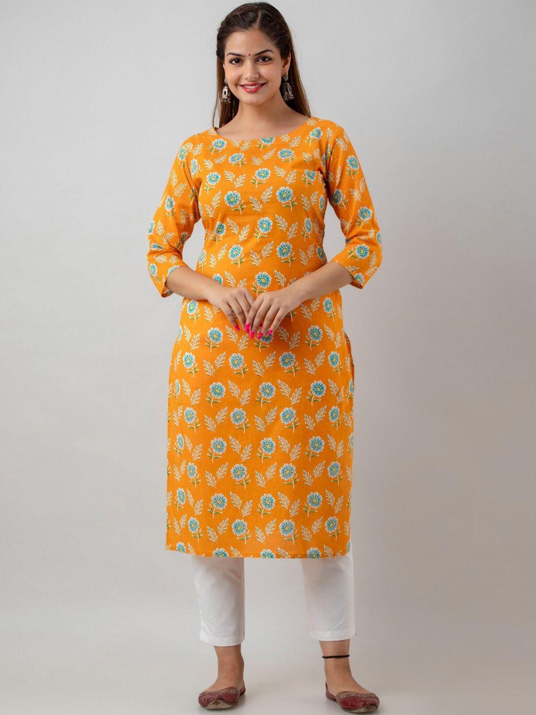 women touch women orange cotton floral printed handloom kurta