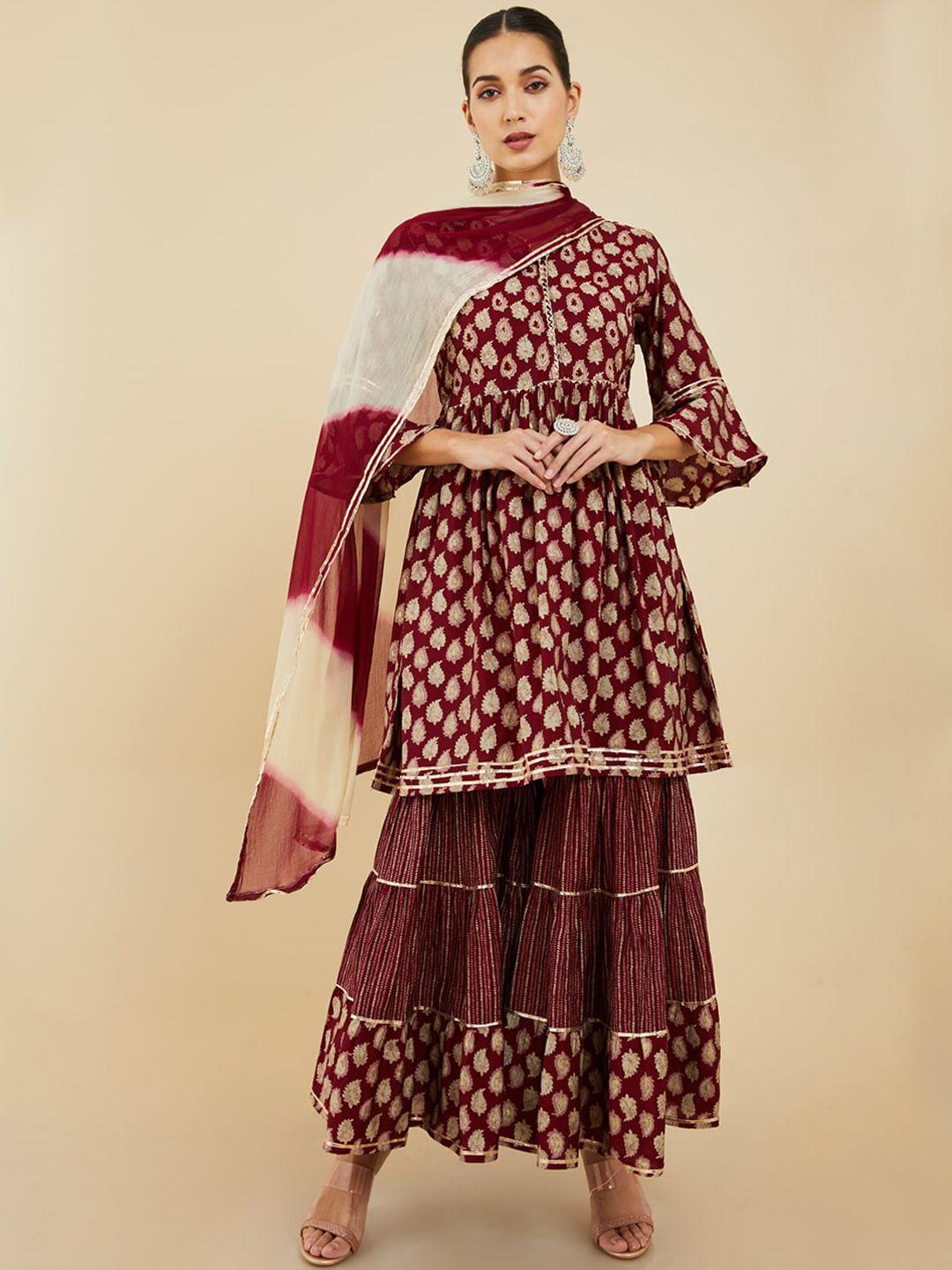 soch ethnic motifs printed empire kurta with sharara & dupatta