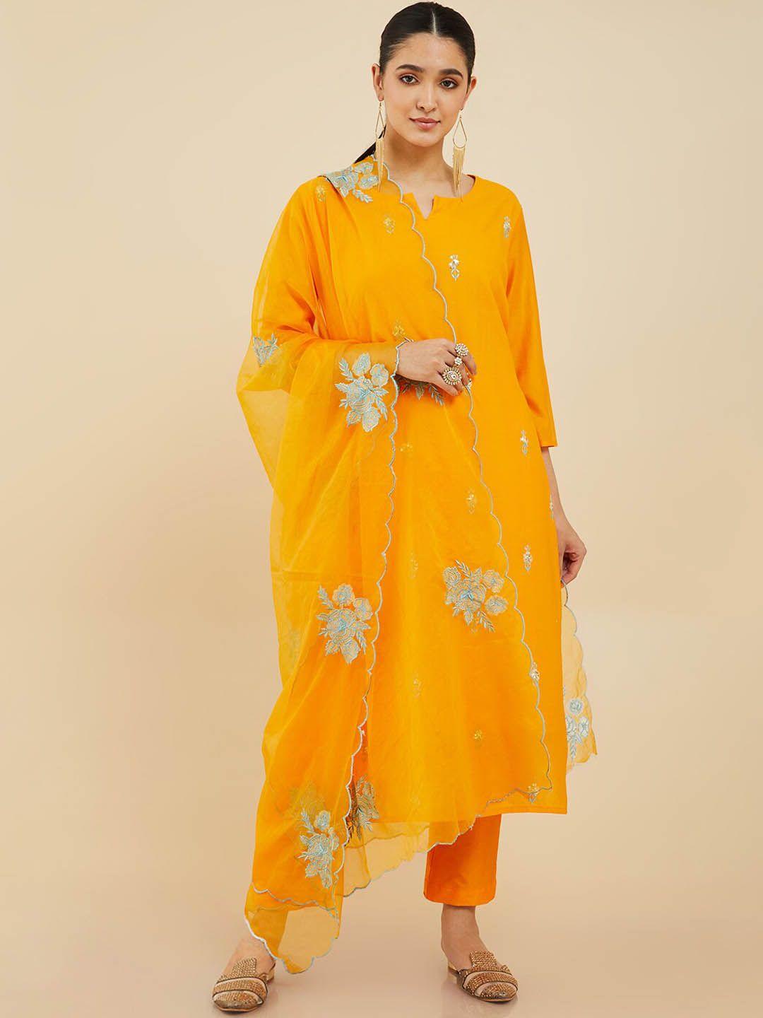 soch floral sequinned round neck kurta with trousers & dupatta